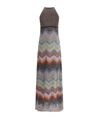 Missoni Long Halter-neck Dress In A Greek-style Zigzag Knit With Sequins Clothing In Multi