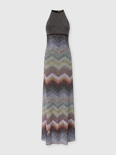 Missoni Long Halter-neck Dress In A Greek-style Zigzag Knit With Sequins In Multi