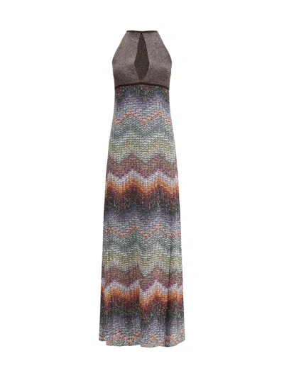 Missoni Long Halter-neck Dress In A Greek-style Zigzag Knit With Sequins Clothing In Multi