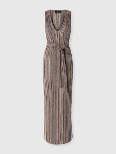Missoni Long Knit Dress With Sequins And V-neck In Brown