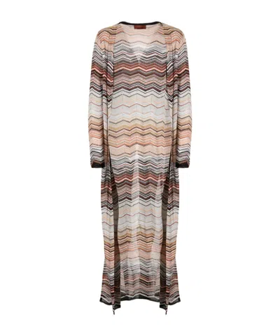 Missoni Long, Lightweight Sequined Cardigan With A Herringbone Pattern In Brown