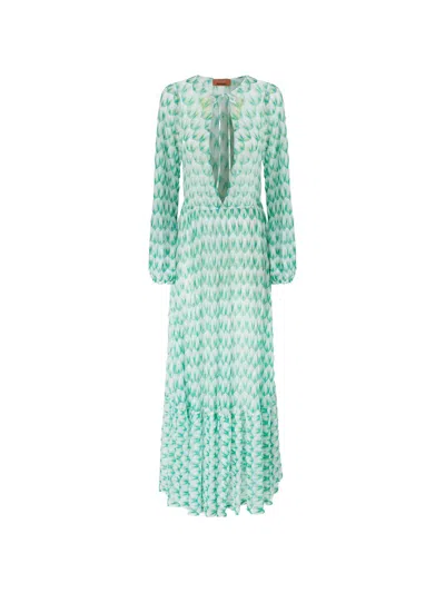 Missoni Long ml Dress With Green Leaves In Blue