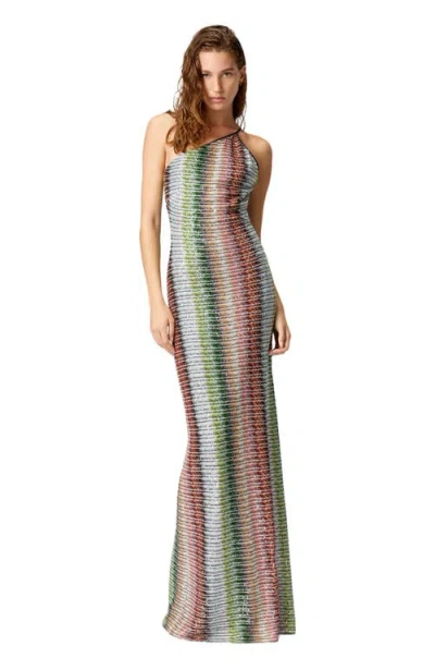 MISSONI MISSONI LONG ONE-SHOULDER DRESS IN GRADIENT ZIGZAG KNIT WITH SEQUINS