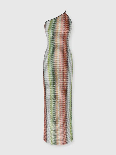 MISSONI LANGES ONE-SHOULDER-KLEID AUS ZICKZACK-STRICK MIT FARBVERLAUF UND PAILLETTEN