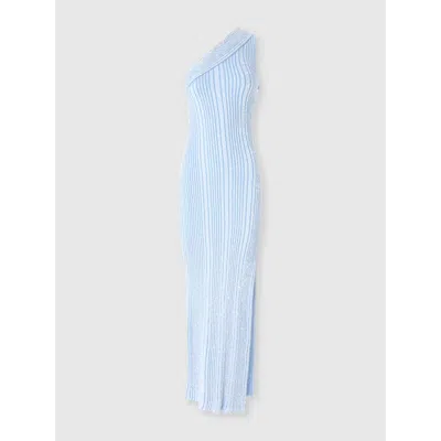 Missoni Long One-shoulder Ribbed Dress With Sequins And Slit In Light Blue