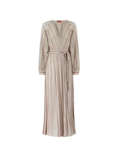 Missoni Long Ribbed Cardigan With Belt And Sequins In Pink