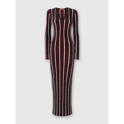 Missoni Long Ribbed Ribbed Dress With Sequins In Red  & Black