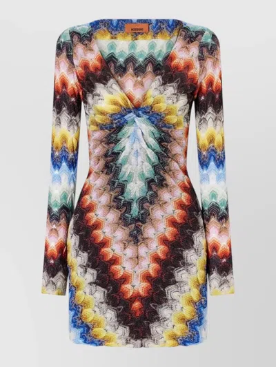 Missoni Long Sleeve Fitted Mini Dress V Neckline In Multi