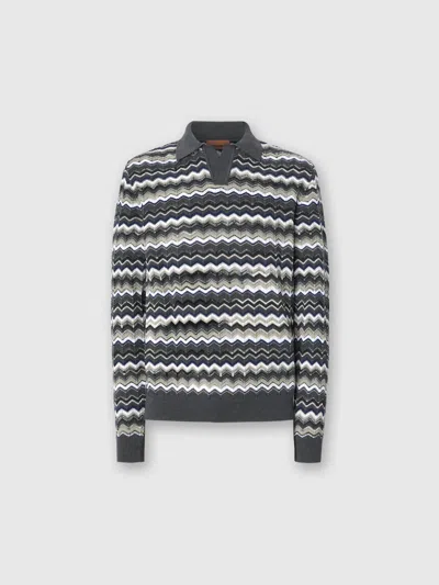 Missoni Long Sleeve Polo With V-neck And Zigzag Pattern In Multi