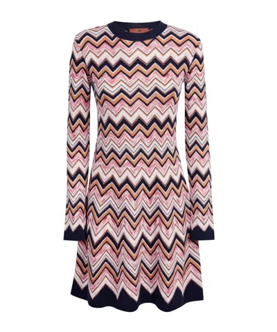 Missoni Long-sleeved Crew-neck Dress In Zigzag Knit In Multi