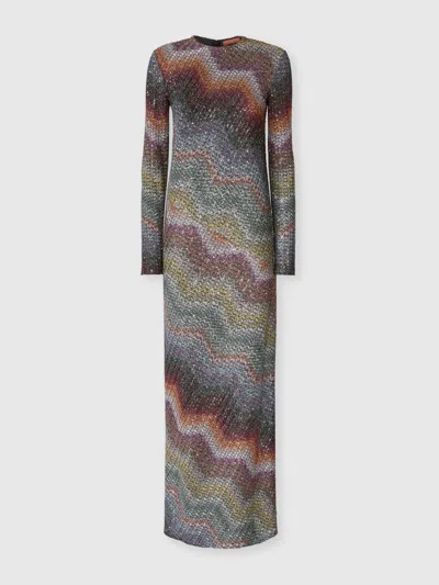 Missoni Long-sleeved Dress In A Greek-style Zigzag Knit With Sequins In Multi