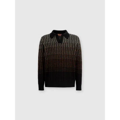 Missoni Long-sleeved Polo Shirt In Textured Virgin Wool Knit In Brown