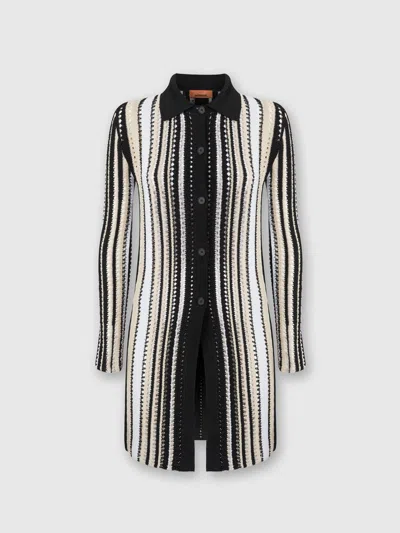Missoni Long Striped Crochet Cardigan With Shirt Collar In Multicoloured