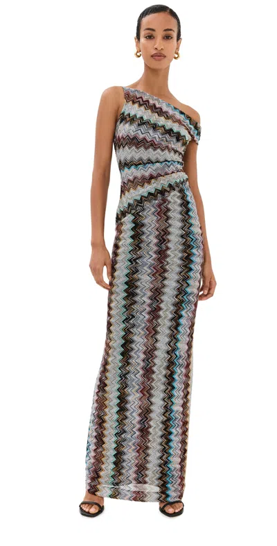 Missoni Long Zigzag Lamé Dress With Asymmetrical Neckline Silver/black/pink/light Blue In Multicolor