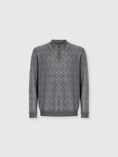 Missoni Long-sleeve Cashmere Zig Zag Polo Shirt In Gray