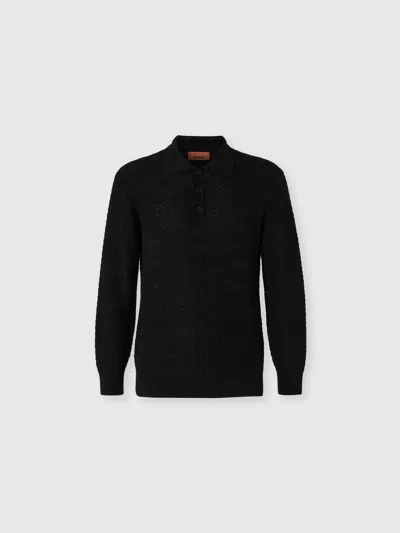 Missoni Long-sleeve Cotton And Wool Chevron Polo Shirt In Black