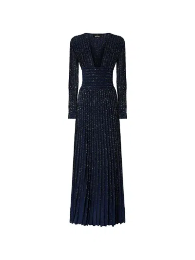 Missoni Long-sleeve Deep Neckline Maxi Dress In Blue