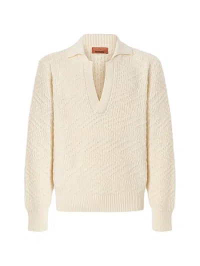 Missoni Long-sleeve Wool And Viscose Zig Zag Polo Shirt In Neutral