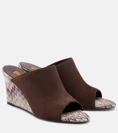 Missoni Mabel Striped Suede Wedge Mules In Brown