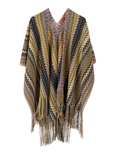 Missoni Multicolor Cape With V Neck And All-over Zigzag Motif In Viscose Blend Woman