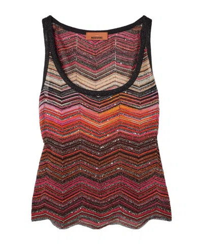 Missoni Mare Sequined Striped Metallic Crochet-knit Tank In Burgundy