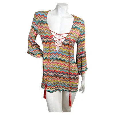 Pre-owned Missoni Mare Multicolor Zigzag Lace-up Knit Resort Tunic Dress, It 40 In Sand