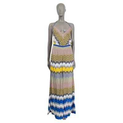 Pre-owned Missoni Mare Yellow Blue White Viscose Zigzag Halter Maxi Jumpsuit 40 S