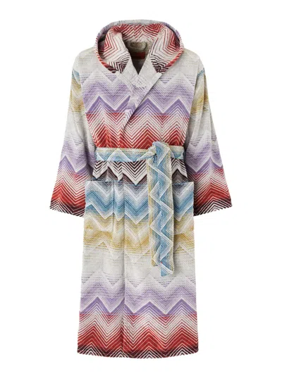 MISSONI MAREA MULTICOLOR BATHROBE WITH HOOD AND ALL-OVER ZIGZAG MOTIF IN COTTON HOME