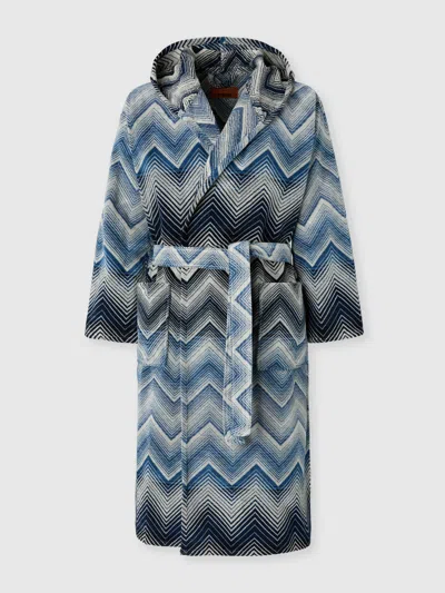 Missoni Marea Hooded Bathrobe In Cotton Terry With Chevron Pattern In Blue