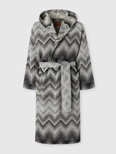 Missoni Marea Hooded Bathrobe In Cotton Terry With Chevron Pattern In Gray