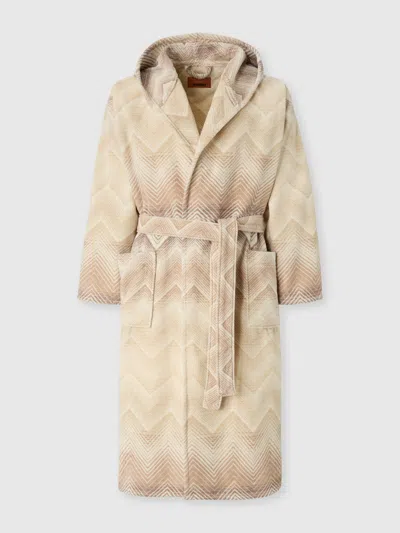 Missoni Marea Hooded Bathrobe In Cotton Terry With Chevron Pattern In Brown