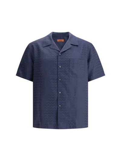 Missoni Men Bowling Shirt With Shiny Zigzag Pattern In Blue
