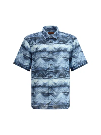 Missoni Men Short Sleeve Shirt Zigzag Pattern In Blue