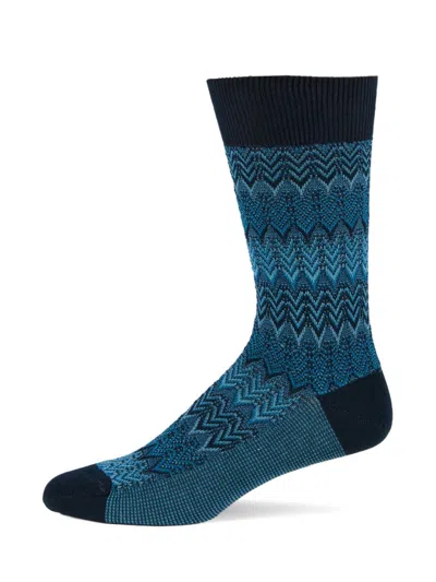 Missoni Men's Zigzag Cotton-blend Crew Socks In Blue