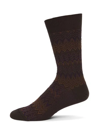 Missoni Men's Zigzag Cotton-blend Crew Socks In Brown
