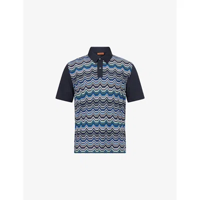 Missoni Short Sleeve Polo With Geometric Zigzag Pattern In Blue