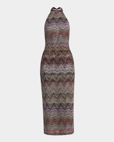 MISSONI METALLIC CHEVRON HALTER MIDI DRESS