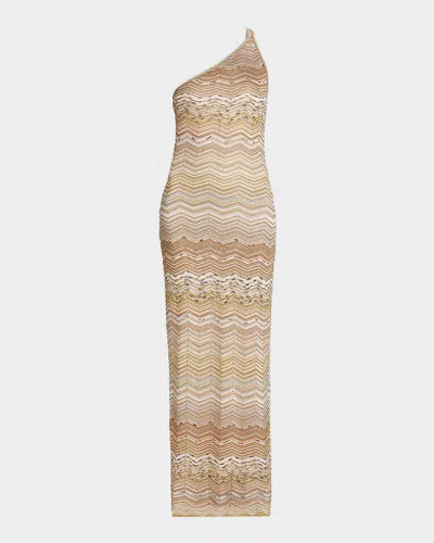 Missoni One-shoulder Sequin-embellished Striped Metallic Crochet-knit Maxi Dress In Gold