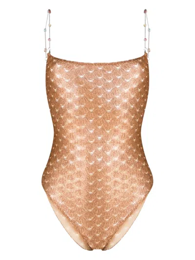 Missoni Metallic Crochet-knit Swimsuit In Brown