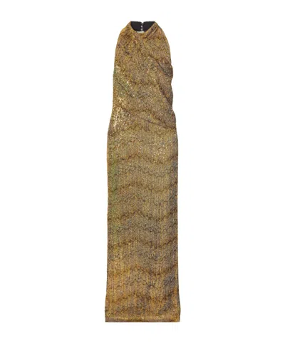 Missoni Striped Sequin-embellished Metallic Crochet-knit Halter Maxi Dress In Gold
