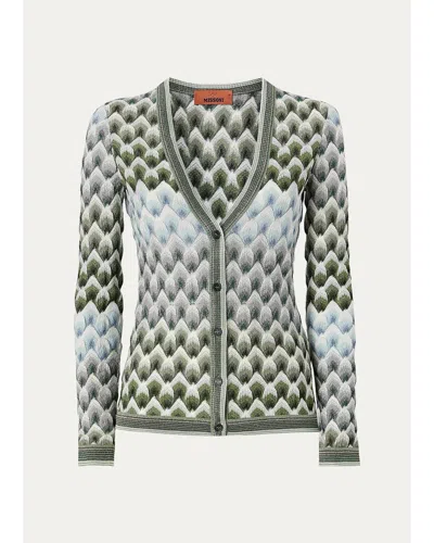 Missoni Metallic Lace Knit Slim V-neck Cardigan In Green Multi