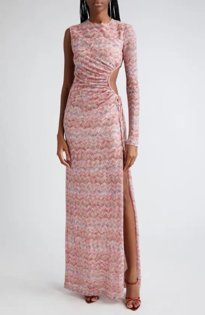 Missoni Metallic One-sleeve Cutout Chevron Knit Gown In Multicolor On Pink Base