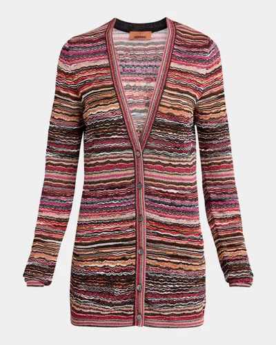 Missoni Metallic Striped V-neck Cardigan In Brown Black Red Orange