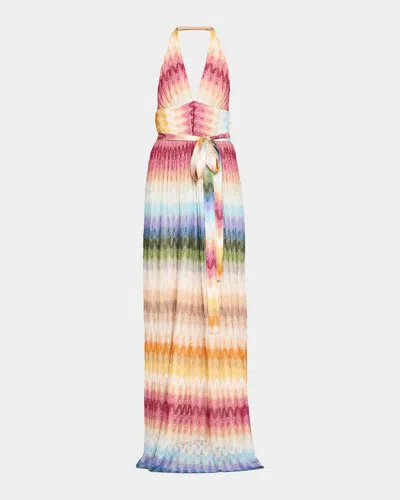 Missoni Metallic Zigzag Plunging Halter Maxi Dress In Multi