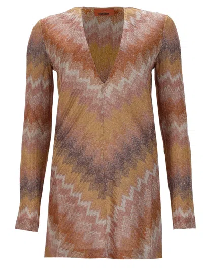 Missoni Metallic Striped Crochet-knit Mini Dress In Gold