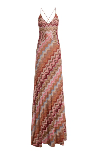 Missoni Multicolor Long Dress With Crossed Shoulder Straps And All-over Zigzag Motif In Viscose Woman In Brown