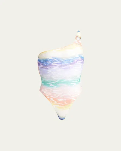 Missoni Mare One-shoulder Striped Metallic Crochet-knit Swimsuit In Multi