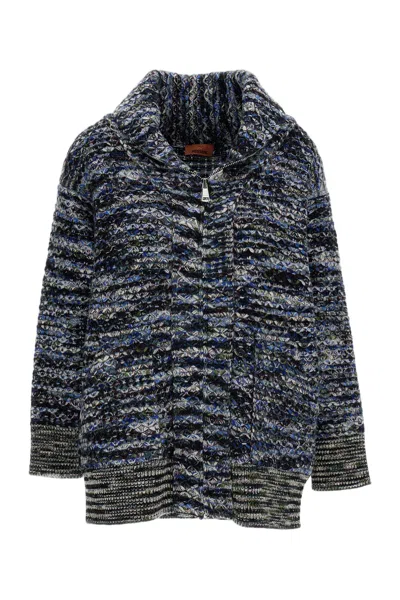 Missoni Multicolor 3d Textured Full-zip Wool-blend Cardigan In Blue