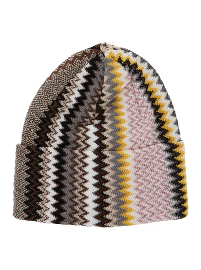 Missoni Multicolor Beanie With Zigzag Motif In Wool Blend Woman