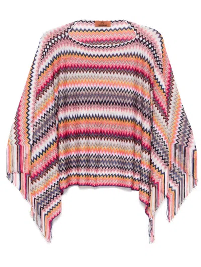 Missoni Multicolor Boat Neck Fringed Cape In Red